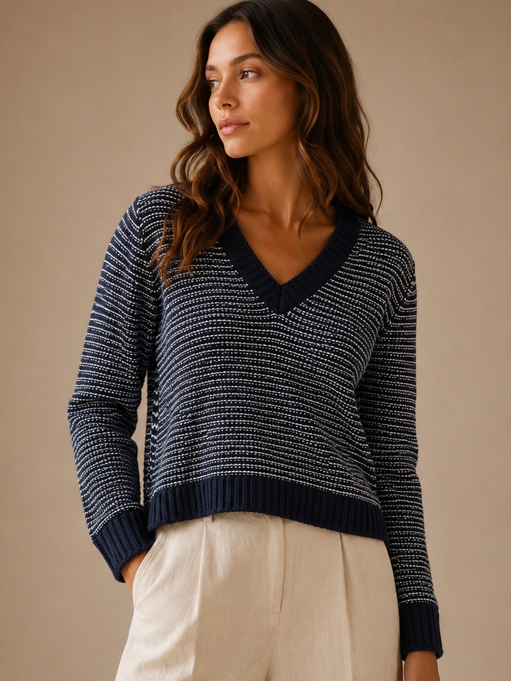 Michael Stars Navy Textured Cotton Knit V-Neck Sweater Women's Large
